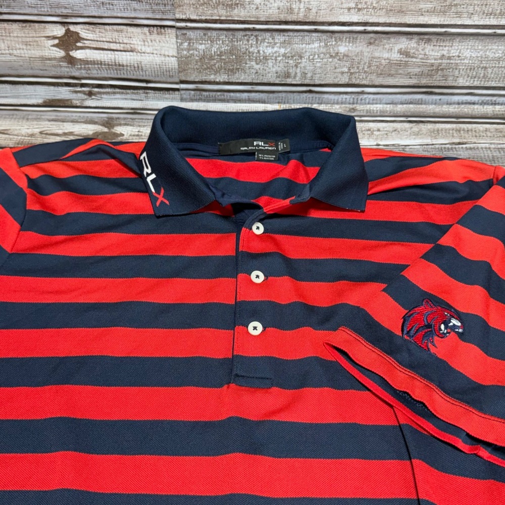 RLX Ralph Lauren Polo Shirt Mens Large Red Navy Blue Striped Short Sleeve Golf